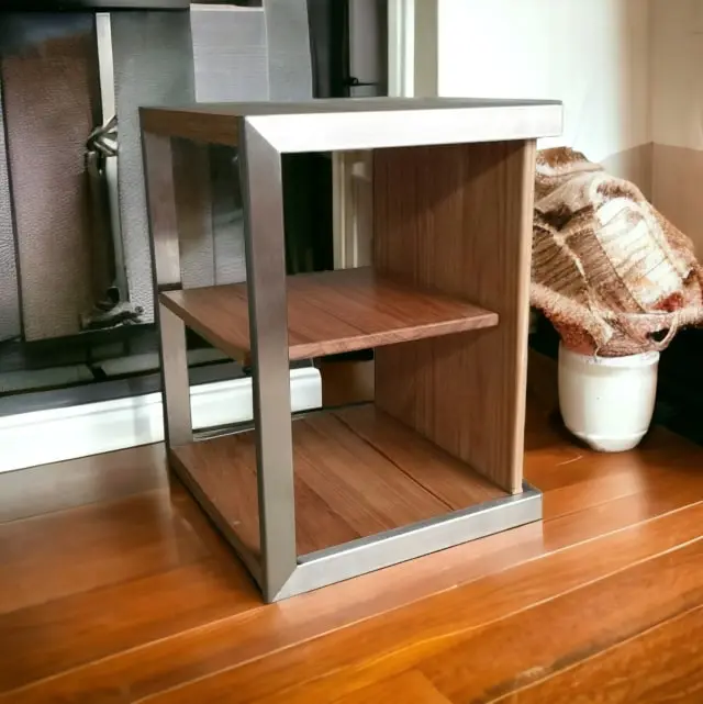 small wooden and metal shelf